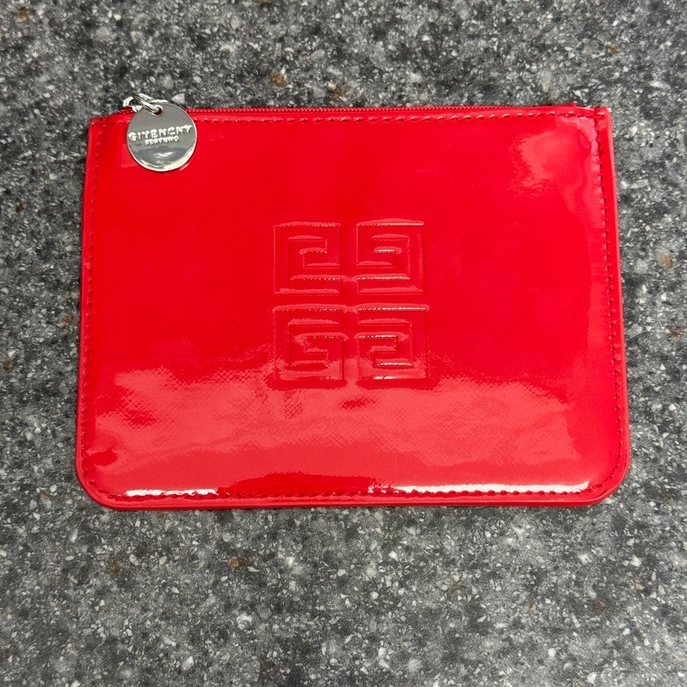 Givenchy Parfums Zip Top Logo Pouch Red Patent Vinyl Mini Clutch Bag - 6” X 4.5”
